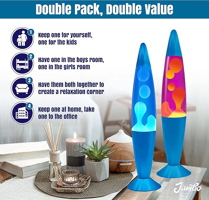 JAMBO 2 Pack- 16" Beautiful Lamp- Blue with Blue/White Wax and Purple with Yellow Wax, Relaxing Liquid Lamp, Night Light Nightlight, Lamps for Adults Teens Kid