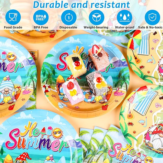 96 Pcs Hello Summer Beach Party Plates Napkins Tableware Set End of School Year Pool Party Birthday Supplies Disposable Dinnerware School's Out Gnome Themed Decoration Favors for Kids, 24 Guests