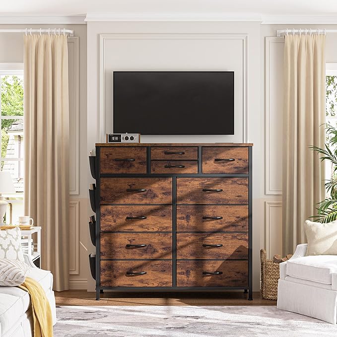 EnHomee Dresser for Bedroom with 12 Drawers, Tall Dressers & Chest of Drawers with Side Pockets, Fabric Dresser for Bedroom, Closet, Hallway, Living Room, Sturdy Metal Frame, Wood Top, Rustic Brown