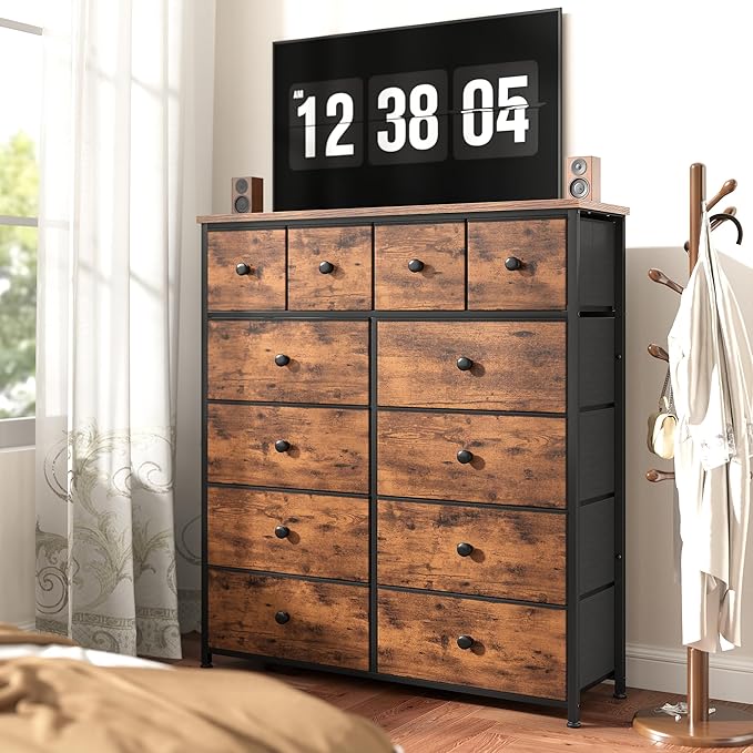 Dresser for Bedroom with 12 Drawers Tall Dressers for Bedroom Fabric Dressers & Chest of Drawers with Sturdy Metal Frame, Wood Top, for Woman, Closet, 40.6" W x 11.8" D x 44.5" H (Rustic Brown)