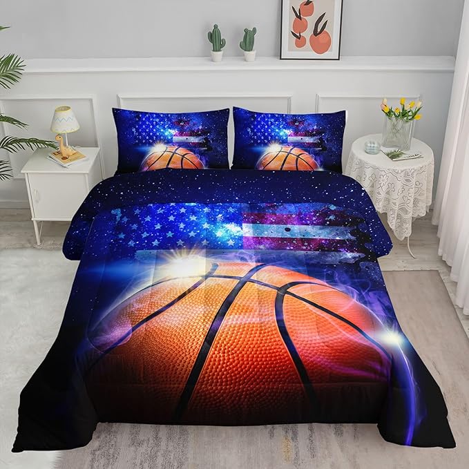 Kids Comforter Set Basketball Printed Pattern Bedding Set with 1 Comforter and 2 Pillowcases for Girls Boys Bedroom All Season(Basketball Queen)