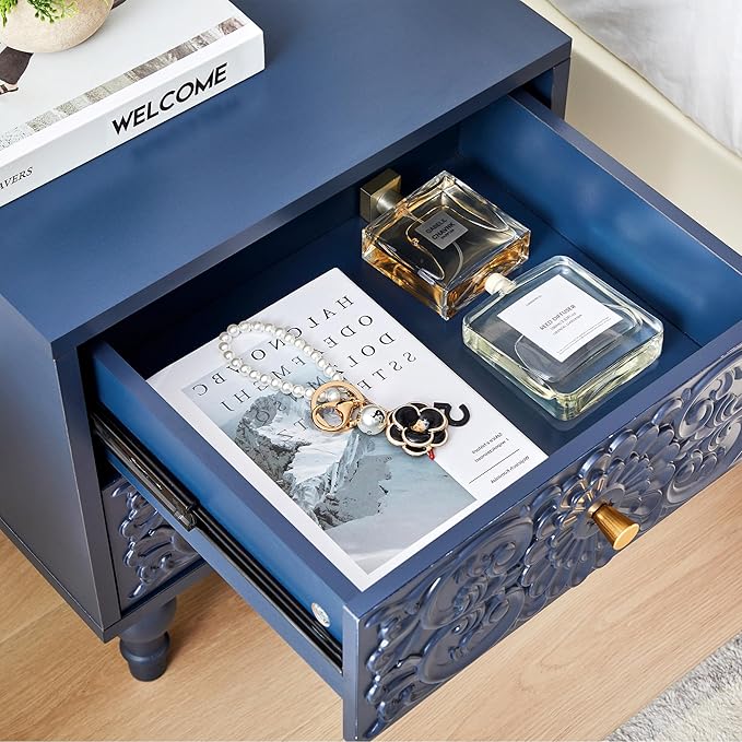 Nightstand, Farmhouse Bedside Table with 2 Drawers and Metal Handles, Wood Sofa Side Table End Table Accent Dresser for Bedroom, Living Room (Blue-2 Packs)