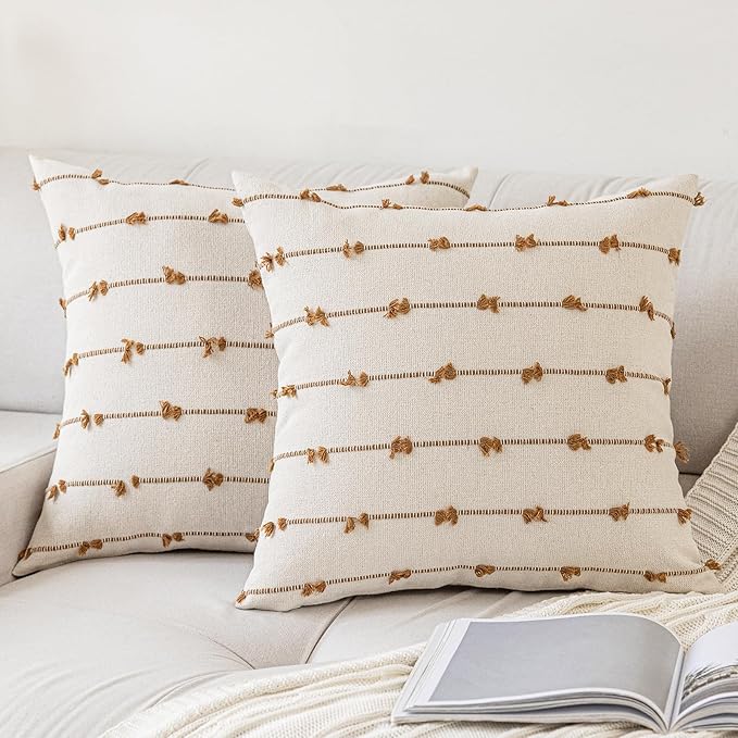 Boho Throw Pillow Covers 20x20 Set of 2 Modern Farmhouse Decorative Cushion Case Tufted Square Pillows Cover Neutral Pillow Cases Accent Pillowcase for Sofa,Couch,Bed,Beige and Brown