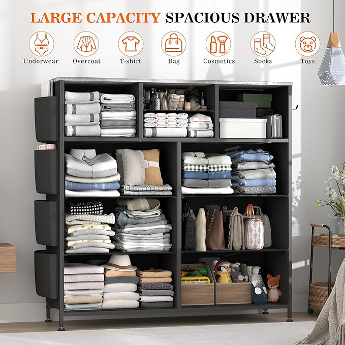 Lulive 10 Drawers Dresser for Bedroom, Chest of Drawers with Side Pockets and Hooks, PU Storage Dresser, Organizer Unit for Living Room, Hallway, Closet (Oakl)