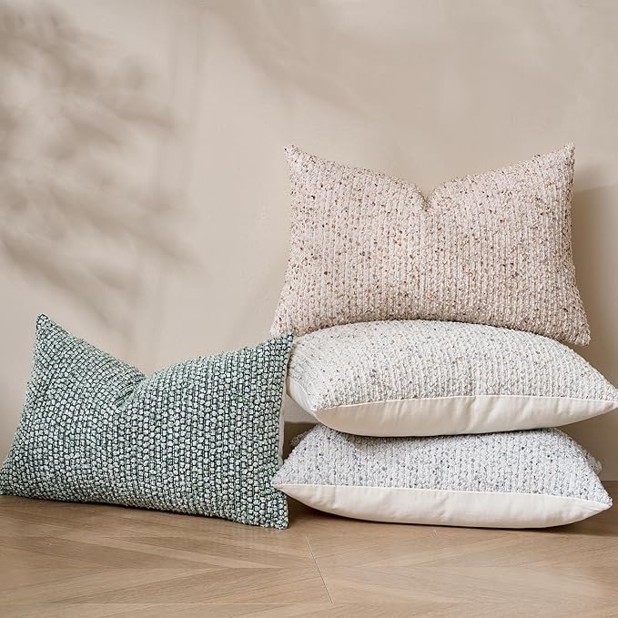 Striped Throw Pillow Covers 12x20 Set of 2 Cream Grey Textured Boucle Chic Morden Boho Accent Farmhouse Rectangular Lumbar Decorative Couch Pillow Covers for Home Decor Bed Sofa Living Room