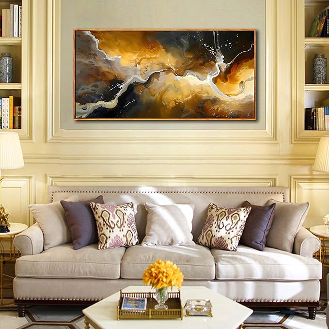 Abstract Wall Art for Bedroom, Marble Canvas Wall Decor for Living Room, Black and Gold Picture Print Artwork for Office, Size 48 x 24 Inches Framed