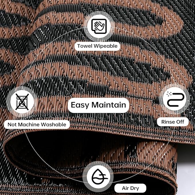 Beeiva Outdoor Area Rug, 6x9 Large Outdoor Rug Waterproof, Reversible Plastic Indoor Outdoor Rug for Deck, Balcony, Backyard, Porch, Camping, Picnic - Black/Brown