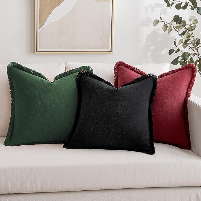 MIULEE Decorative Throw Pillow Covers Neutral Linen Fringe Throw Pillows Set of 2 Burgundy Boho Farmhouse Cushion Covers with Tassels for Couch Sofa Bed Living Room Spring Home Decor 20x20 Inch