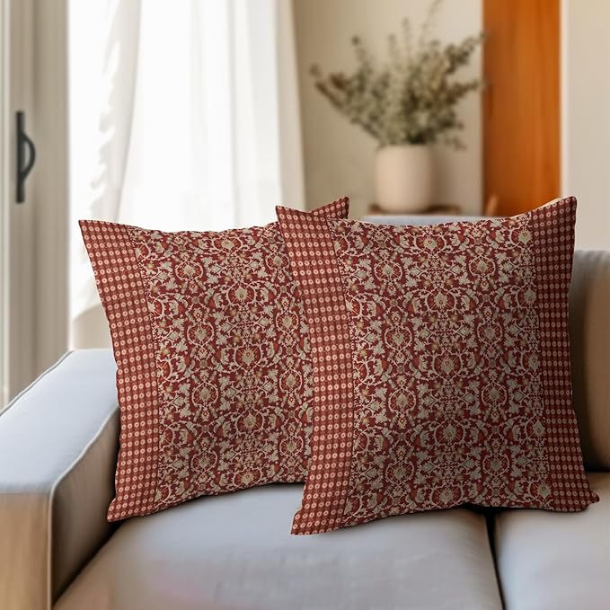 Kawani Red Antique Pillow Covers 18x18 Inch Vintage Floral Block Print Decorative Throw Pillows Set of 2 Retro Turkish Pillowcases for Couch Indoor Outdoor Home Decor