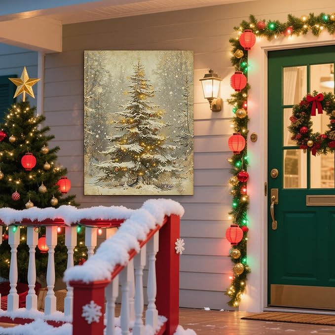 Framed Christmas Pictures Wall Decor,Vintage Pine Tree Prints,Winter Christmas Canvas Wall Art Decoration for Bedroom Bathroom Living Room Rustic Xmas Holiday Gifts (Christmas Tree 2, 24'' X 36'')