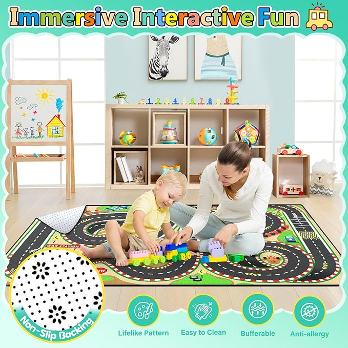 Kids Rug, Race Track Baby Play Mats, Realistic 3D Cascading Surround Route,5x7 Ft Kids Rug for Playroom, Great for Playing with Cars and Toys, Non-Slip Car Carpet
