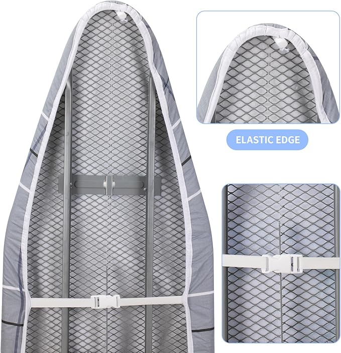 BNDX Ironing Board Cover, 18" x 49" Standard Size Thick Padding with Bongee Cord, Stain Resistant & Durable Scorch, 2 Click Buckles for Smooth Iron and Easy Installation Modern Gray