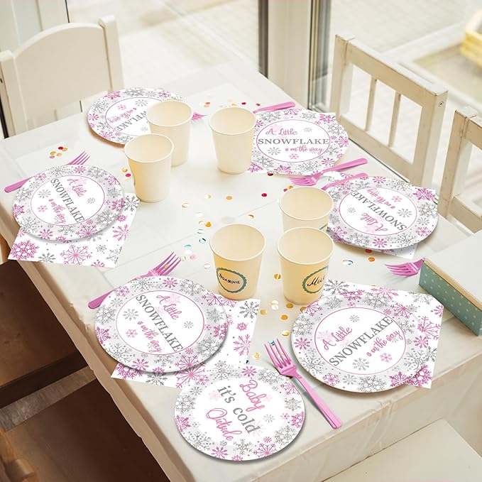 96 Pcs A Little Snowflake is on The Way Party Plates Napkins Tableware Set Winter It’s Cold Outside Supplies Disposable Dinnerware Girl Birthday Party Decoration Favors for Gender Reveal, 24 Guests
