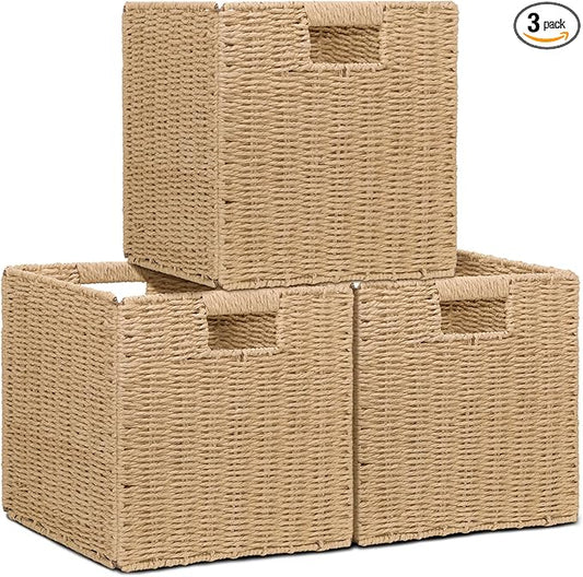 Wicker Storage Baskets for Organizing, 3 Pack Rustic Foldable Square Basket for Shelves, Handwoven Cubby Organizer Bins for Home Decor, Small Cube Storage Bin for Closet Organization (Natural 11 inch)