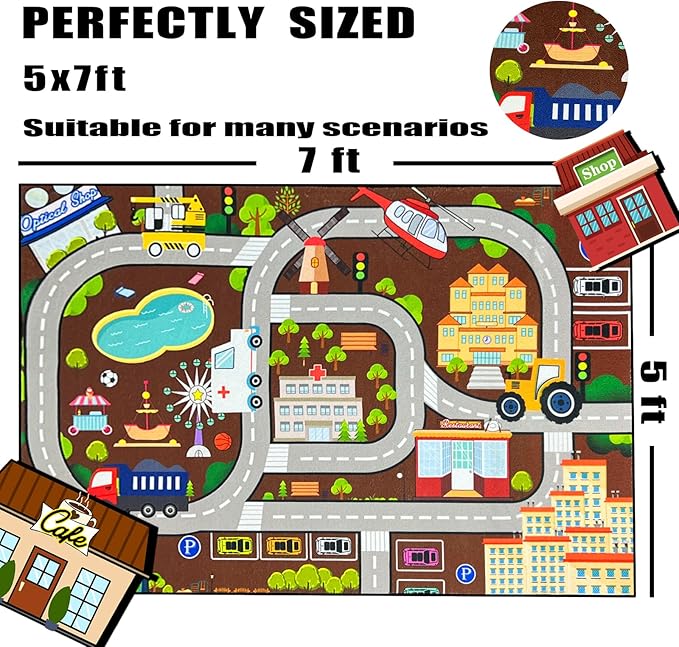 Car Track Rug - Car Rugs for Kids Toy Cars City Life Road Rug Large Kids Play Mat Car Carpet for Boys Girls Playroom Living Room Bedroom Classroom, 5'×7'