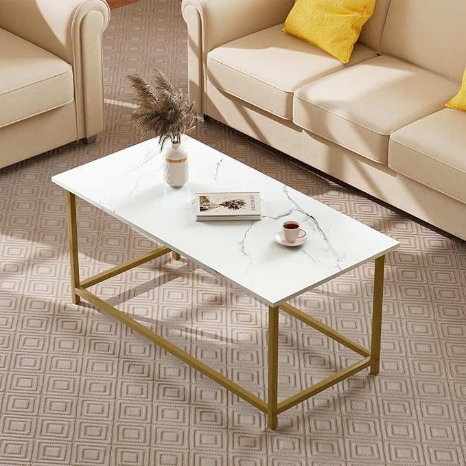 SAYGOER White Faux Marble Coffee Table Simple Modern Rectangular Coffee Tables Open Design Minimalist Center Table for Living Room Office, 39.37 x 19.69 x 17.72, White Gold