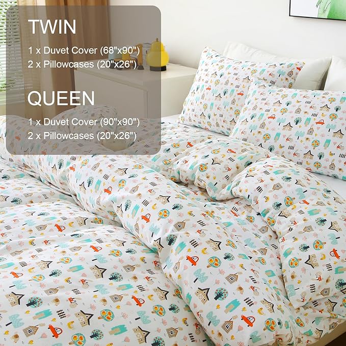 Ivellow Queen Duvet Cover Set Cottage White 100% Cotton Duvet Cover for Kids Cute Bedding Set 3Pcs Ultra Soft Breathable Kids Duvet Cover Patterned Cartoon Comforter Cover Boys Girls Toddler Teen