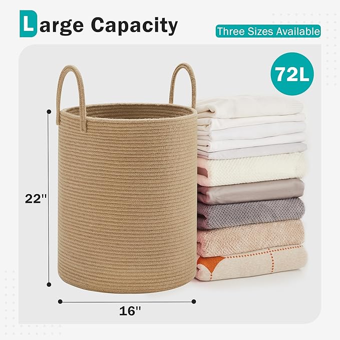 Cotton Laundry Hamper, 72L - Woven Collapsible Basket - Jute Brown