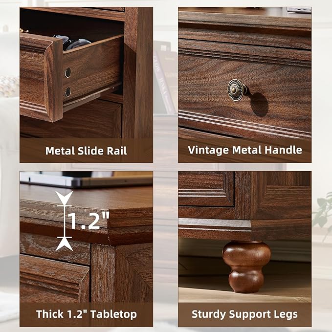 Farmhouse Nightstand with Charging Station, 24" Wide End Table with 3 Drawers,Brown Wood Dresser for Bedroom, Bed Side Table Chest of Drawers Cabinet,Night Stand for Living Room, Closet