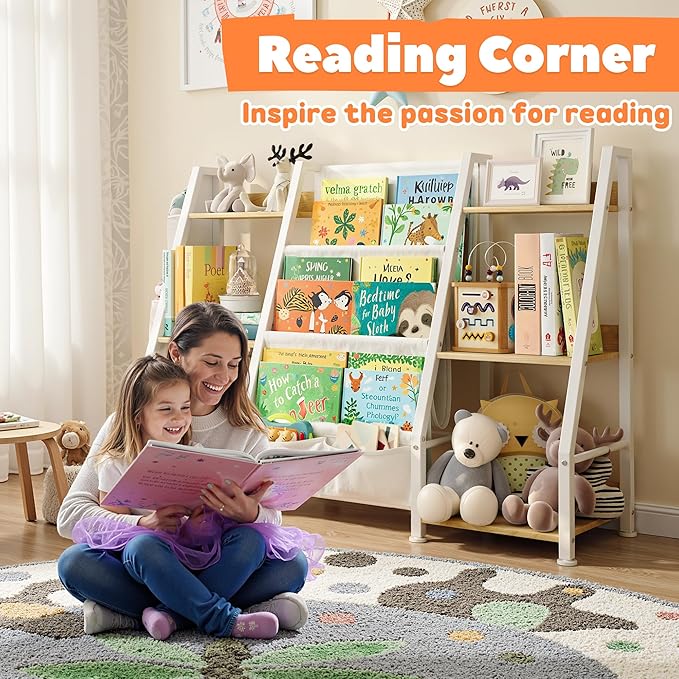 Kids Bookshelf and Toy Organizer: 3-Tier Book Shelf for Kids Room, Sling Book Shelf Toddler Montessori Bookcase with Toy Storage for Nursery, Bedroom, Playroom (Burlywood)