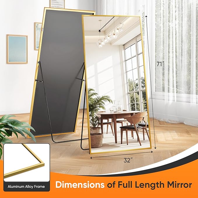 Suidia Full Length Mirror, 71"x32" Floor Standing Mirror Freestanding, Full Body Mirrors with Stand for Bedroom, Hanging Mounted for Living Room Cloakroom, Gold, Rectangular Style