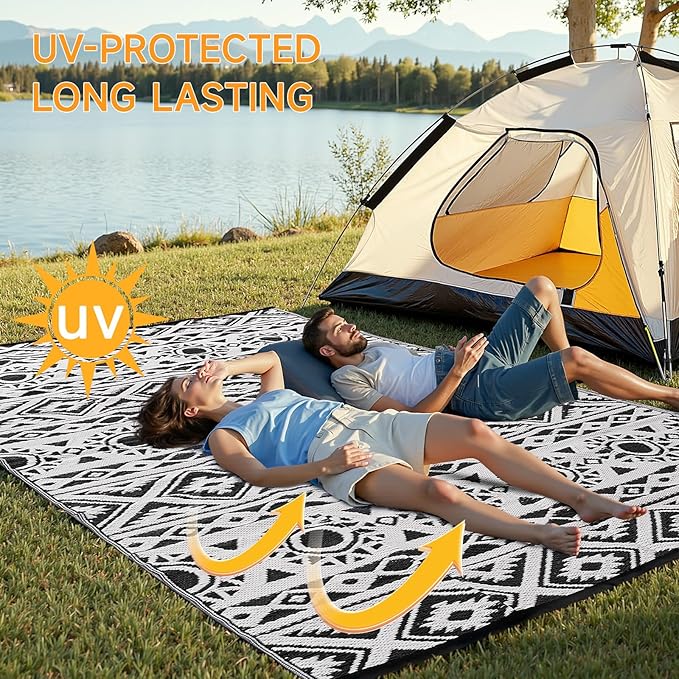 Outdoor Rug Waterproof 9x12 ft, Reversible Outdoor Plastic Straw Rug Patio Rug, RV Rugs for Outside, Outdoor Carpet for Patio Camping Deck Balcony Backyard, Black & White