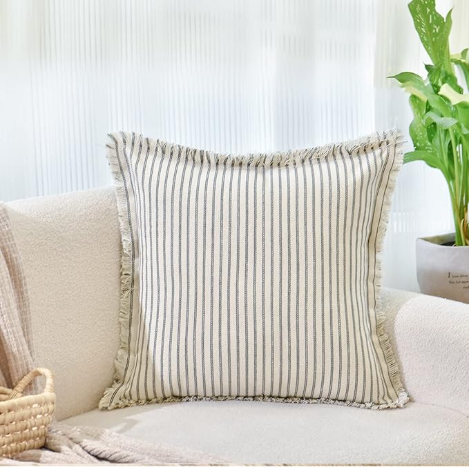 ZWJD Throw Pillow Covers 22x22 Set of 2 Striped Pillow Covers with Fringe Chic Cotton Decorative Pillows Square Cushion Covers for Sofa Couch Bed Living Room Farmhouse Decor
