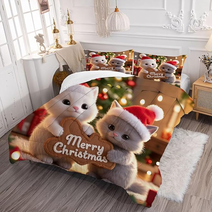 Kids Christmas Comforter Set Twin, Merry Christmas Cat Print Bedding Set for Girls Boys Women and Men, Xmas Bed Set with 1 Comforter and 1 Pillowcase