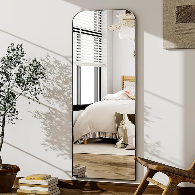 HARRITPURE 57"x20" Full Length Mirror Full Body Mirror Top Rounded Corner Aluminum Frame Hanging or Leaning Wall Floor Mirror with Stand for Living Room Bedroom Cloakroom,Black