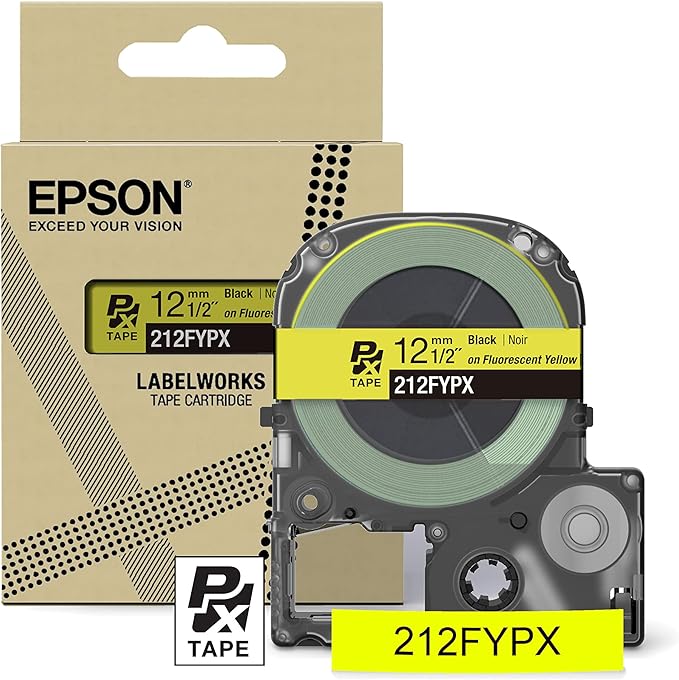 Epson LABELWORKS 212FYPX Genuine PET (Polyester) Tape Cartridge - Black on Fluorescent Yellow Designer Craft Label Maker Tape - 1/2" (12MM) Wide, 16'