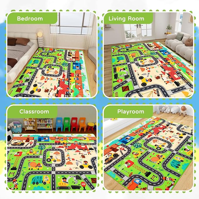 Kids Rug Play Mat for Toy Cars, 78.7"×59" Construction Site Road Traffic for Playroom Kids City Engineering Car Road Play Mat Non-Slip Washable Carpet Toddlers Boys Room Family Playtime