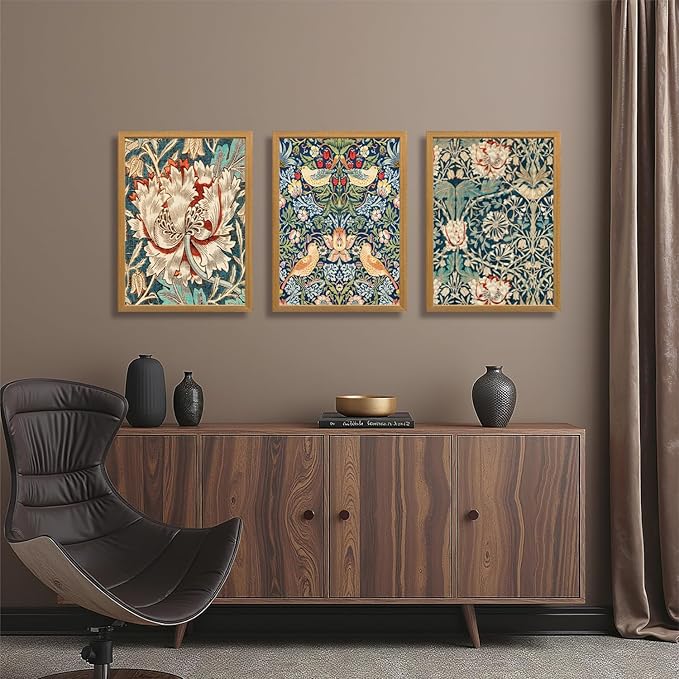 FASWQ Wood Framed William Morris Wall Art, Nouveau Vintage Botanical Wall Decor, Retro Intricate Floral Animal Canvas Painting, Retro Natural Flower Bird Poster Print for Living Room Bedroom 12"x16"x3