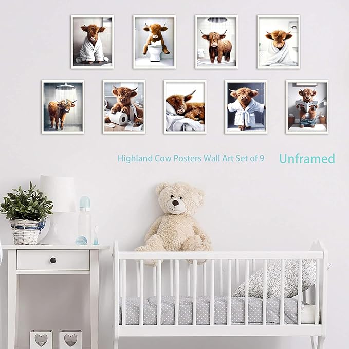 SEHSUVC Funny Bathroom Cow Posters Wall Art Set of 9, Highland Cow Canvas Prints Pictures, Art Animal Restroom Wall Decor for Bathroom Bedroom Babyroom Decoration 8x10In Unframed