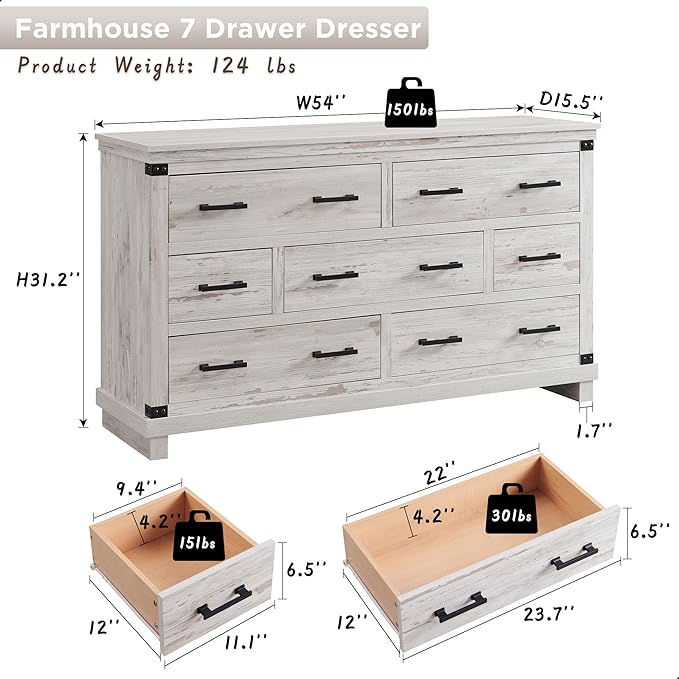 Farmhouse 7 Drawer Dresser for Bedroom - Wood Large Dressers & Chests of Drawers for Closet, 54 Inch Wide Dresser TV Stand with Storage for Bedroom, Living Room, Antique Brush White