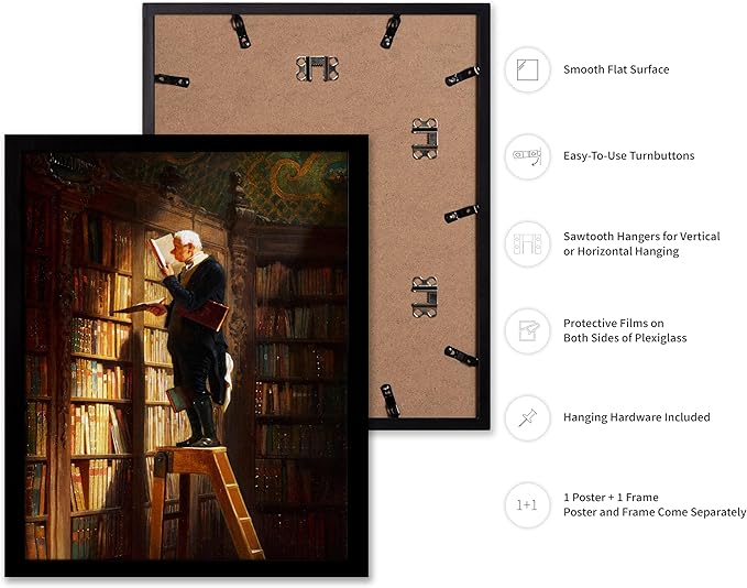 Poster Master Vintage The Bookworm Print - Retro Reading Book Print - Book Lover Art - Library Painting Wall Design - Librarian Art - Great Living Room or Office Wall Decor - 16x20 Black Framed