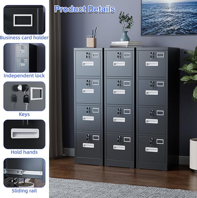 4 Drawer File Cabinet, Metal Vertical Black Filing Cabinets with Locks for Home Office with Name Card Holder for A4 /F4 Size/Letter/Legal Size, Assembly Required(Black)