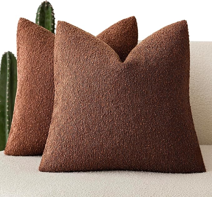 Foindtower Pack of 2 Textured Boucle Throw Pillow Covers Accent Solid Pillow Cases Cozy Soft Decorative Couch Cushion Case for Chair Sofa Bedroom Living Room Home Decor 18x18 Inch Red Taupe