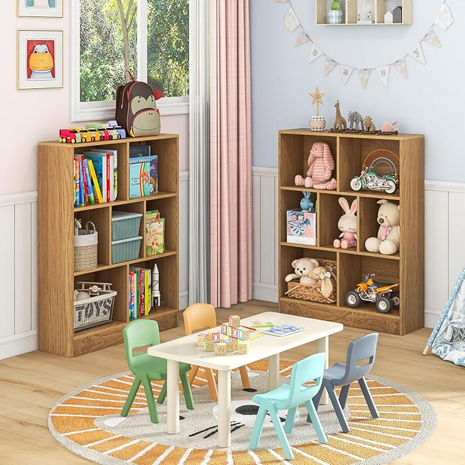 Costzon Wooden Toy Storage Organizer, 7-Cube Kids Bookshelf w/ 2 Anti-Toppling Kits, 3 Tier Open Shelves & Non-Slip Foot Pads, Book Shelf for Kids Rooms, Playroom, Classroom, Nursery (Natural)