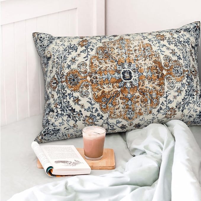 Gold Blue Boho Throw Pillow Covers 12x20 Set of 2, Carpet Pattern Pillow Covers Ethnic Rustic Farmhouse Cushion Cases Linen Decorative Gifts for Couch Sofa Indoor Outdoor