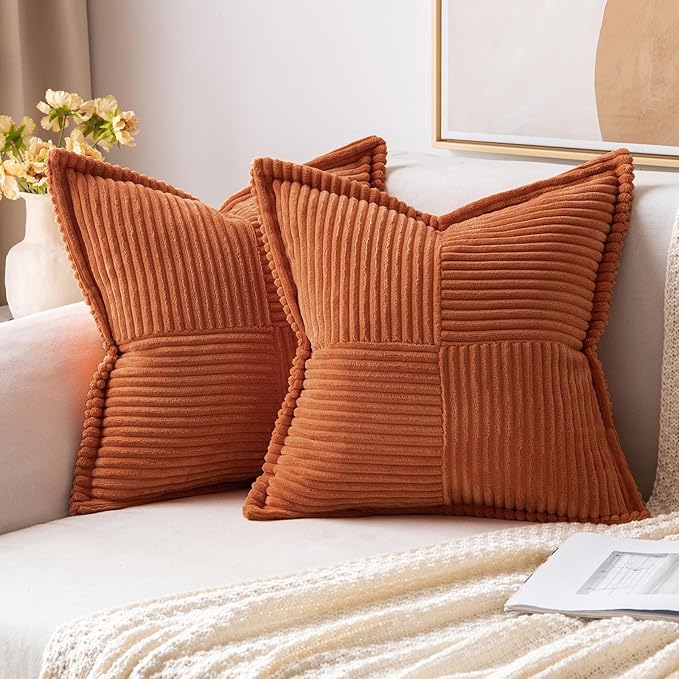 MIULEE Rust Fall Decorative Throw Pillow Covers for Couch Bed Livingroom 18x18 Inch Set of 2 Boho Accent Throw Pllows Broadside Striped Patchwork Soft Corduroy Pillowcases