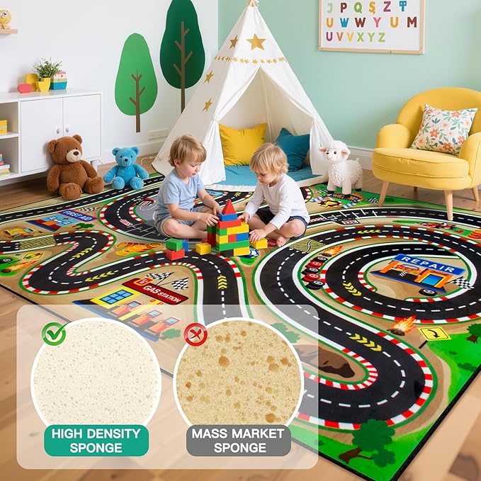 Kids Rug, Race Track Baby Play Mats, 4x6 Ft Kids Rug for Playroom,Extra Thick (0.4in) Realistic 3D Cascading Surround Route, Great for Playing with Cars and Toys, Non-Slip Car Carpet