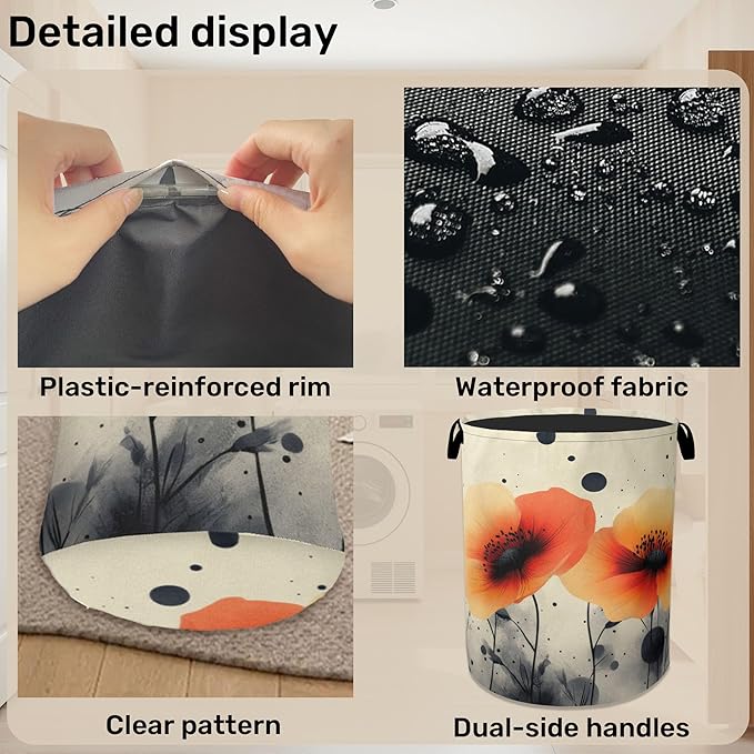 Orange Flowers Painting Laundry Basket - Heavy Duty 60L Dirty Clothes Organizer, Water Resistant Foldable Hamper for Men Women