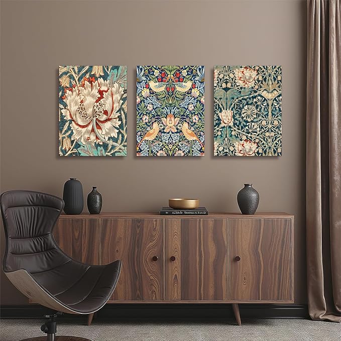 FASWQ Framed William Morris Wall Art, Nouveau Vintage Botanical Wall Decor, Retro Intricate Floral Animal Canvas Painting, Retro Natural Flower Bird Poster Prints for Living Room Bedroom 16"x24"x3