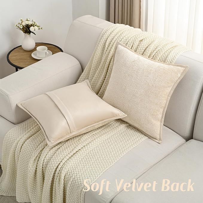 FUTEI Beige Chenille Throw Pillow Covers 18x18 Inch Set of 2,Soft Cozy Bound Edge Design Cushion Case,Home Decor for Couch Bed Living Room