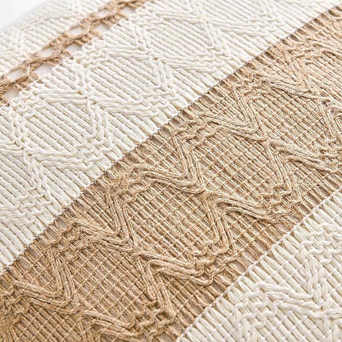 Fancy Homi Set of 2 Boho Neutral Long Lumbar Decorative Throw Pillow Cover 12x24 Inch for Couch Bed Sofa Chair, Modern Organic Farmhouse Home Decor, Soft Cotton Cute Accent Tan Rectangle Cushion Case