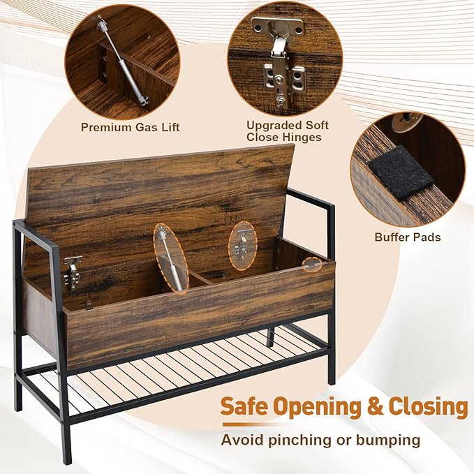 Giantex 3-in-1 Shoe Storage Bench, Rustic Brown, Metal Frame, 440 lbs Capacity, Anti-Toppling Devices, 3 Functional Areas
