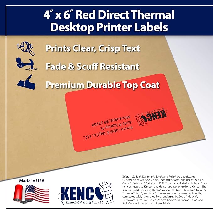 4" X 6" Direct Thermal Perforated Stickers Labels for Shipping Labels, Inventory, and Color Coding - Compatible with Zebra, Rollo, Godex and More (Red, 1 Roll)