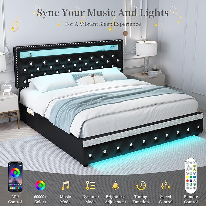 Queen Led Bed Frame with 2 Drawers, Heavy Duty Upholstered Platform Bed Frames Queen Size with Storage and Adjustable Crystal Button Tufted Headboard, No Box Spring Needed, Easy Assembly, PU Black