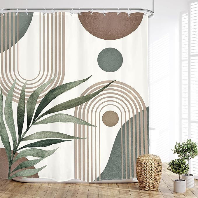 Glawry Boho Shower Curtain Brown Mid Century Abstract Plant Palm Leaves Modern Arch Curve Bathroom Minimalist Geometric Aesthetic 72Wx72L Inches Bath Accessories Art Home Decor Fabric 12 Pack Hooks