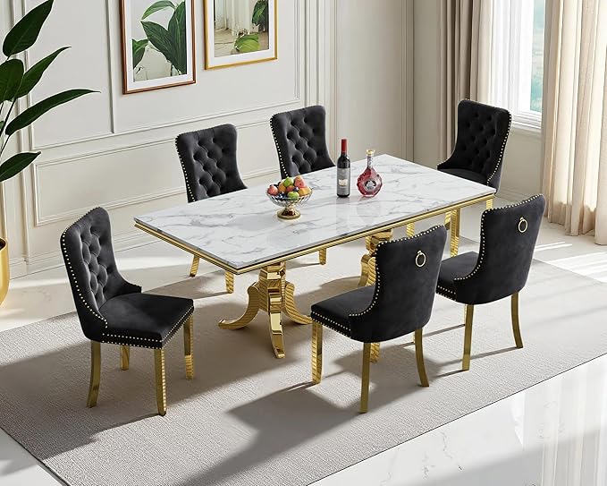70" Faux Marble Dining Table Set for 6, 7-Piece Dining Set with White Gold Kitchen Table and 6 Velvet Tufted Chairs, Modern Rectangular Dining Room Table with American-Shape Stainless Steel Base